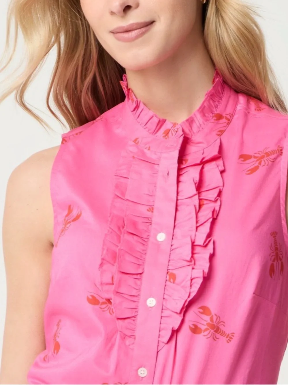 J.Crew Factory Pink Lobster Print Ruffle Front Button Down Tank Top XXL